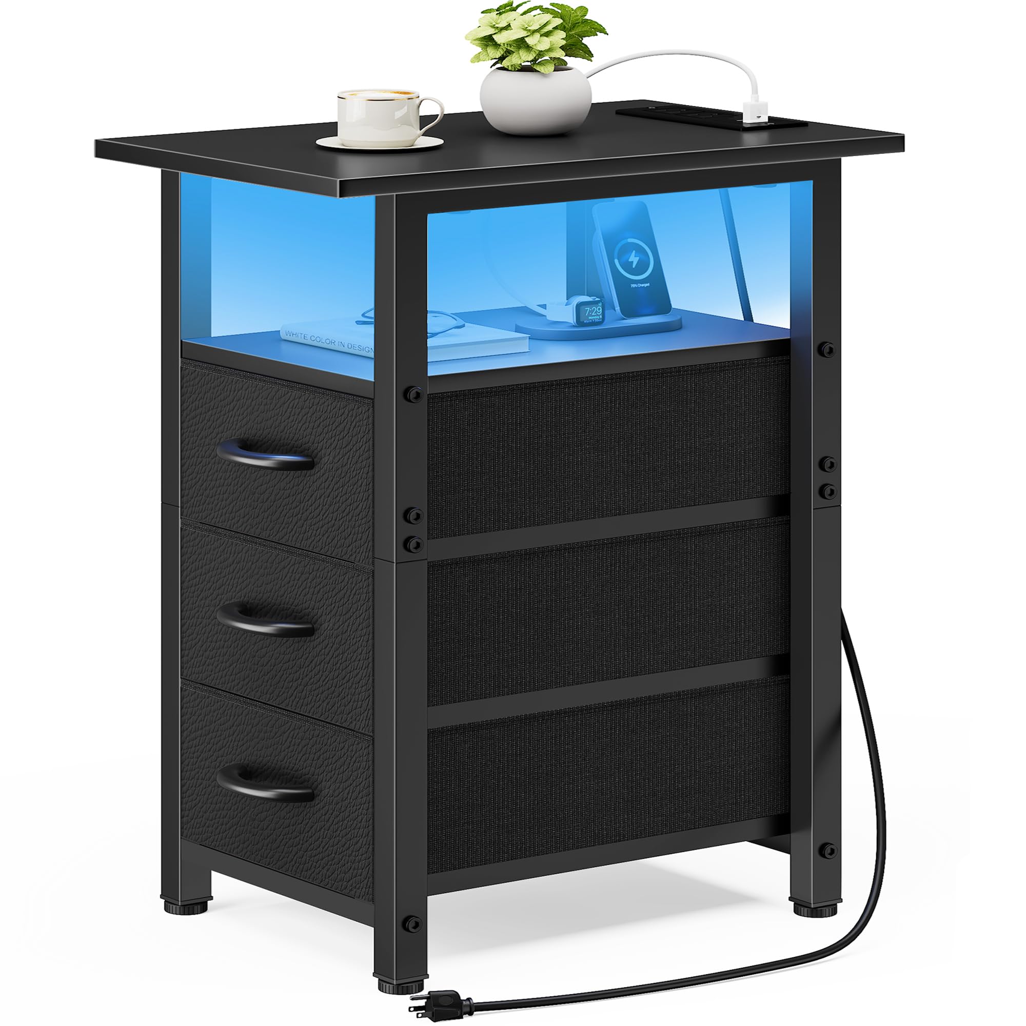 Vagusicc Black Nightstand with Charging Station and LED Lights, Narrow End Table, LED Nightstand with 3 Fabric Drawers for Bedroom, Small Night Stand, Narrow Side Table for Small Spaces, Black