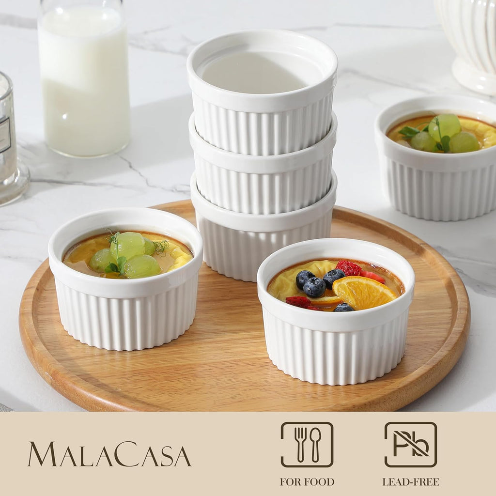 MALACASA Ramekins - 8 oz Oven Safe Porcelain Baking Cups | Set of 6 White Creme Brulee Dishes