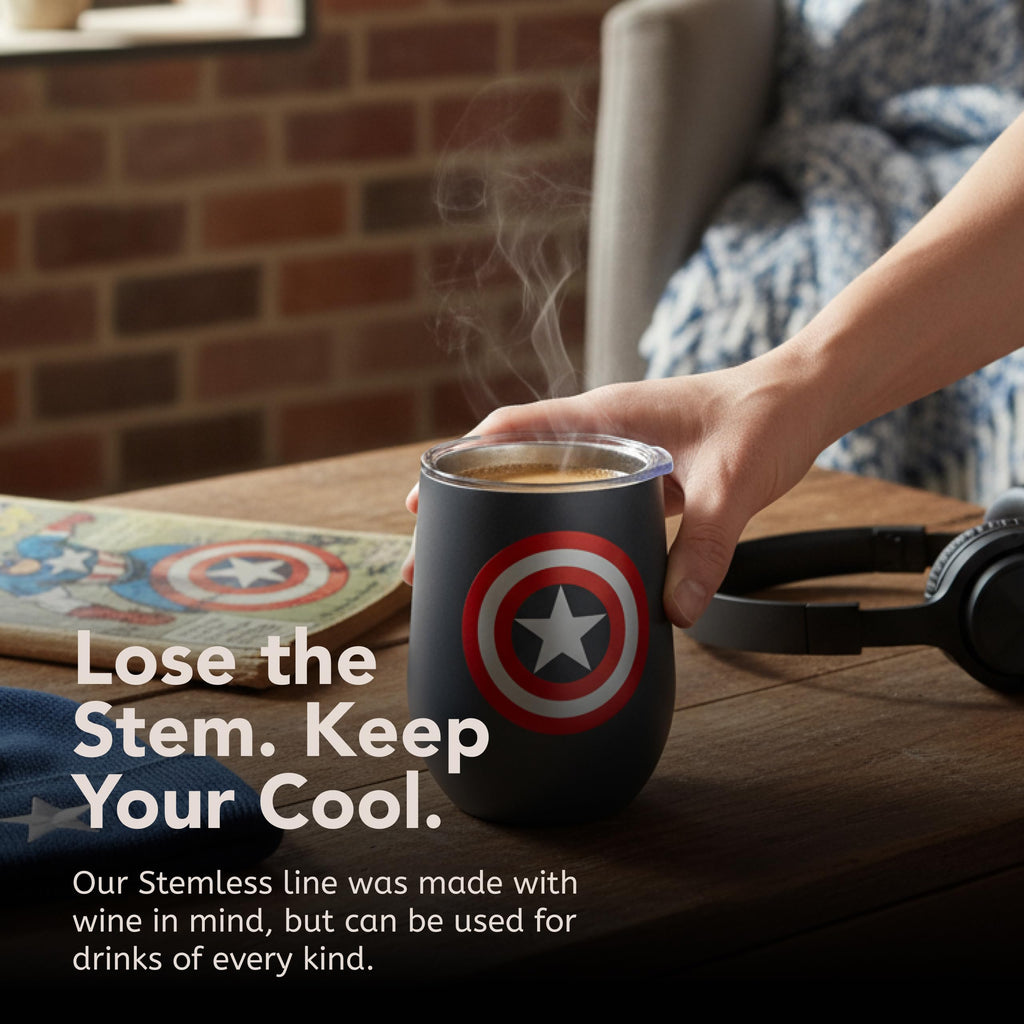 Corkcicle Stemless Insulated Wine Glass Tumbler - Keeps Beverages Cold 6 Hours & Hot 3 Hours - Stainless Steel - Easy-Grip - Summer Drinkware Gift - Keeps Drinks Ice Cold - 12 oz - Captain America