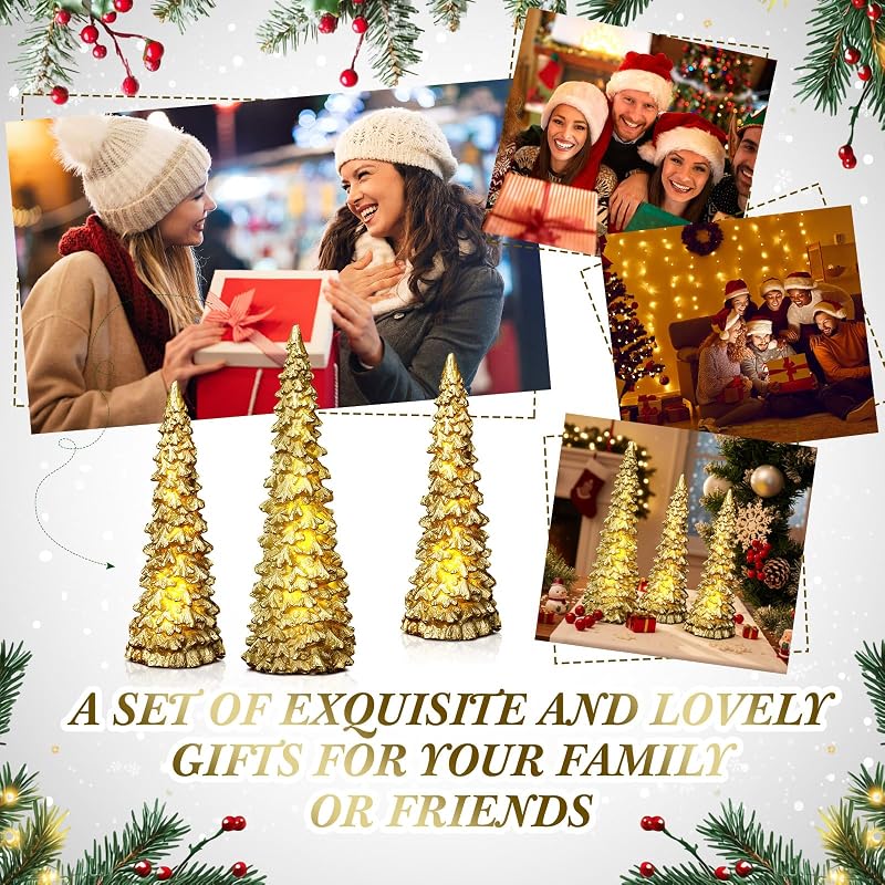 Gold 3-Pieces Lighted Christmas Tree Figurines Set – 11" & 9" Tabletop Ornaments (Variation: Gold)