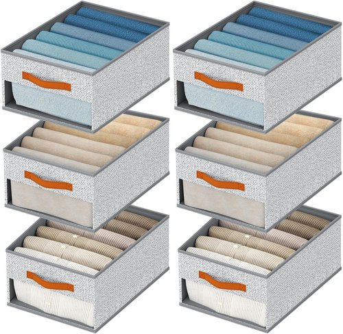 Homsorout Drawer Organizers - 6 Pack Foldable Pants Organizer with Clear Window & Handles | Light Gray Fabric Storage for Clothes, Jeans, Towels & More