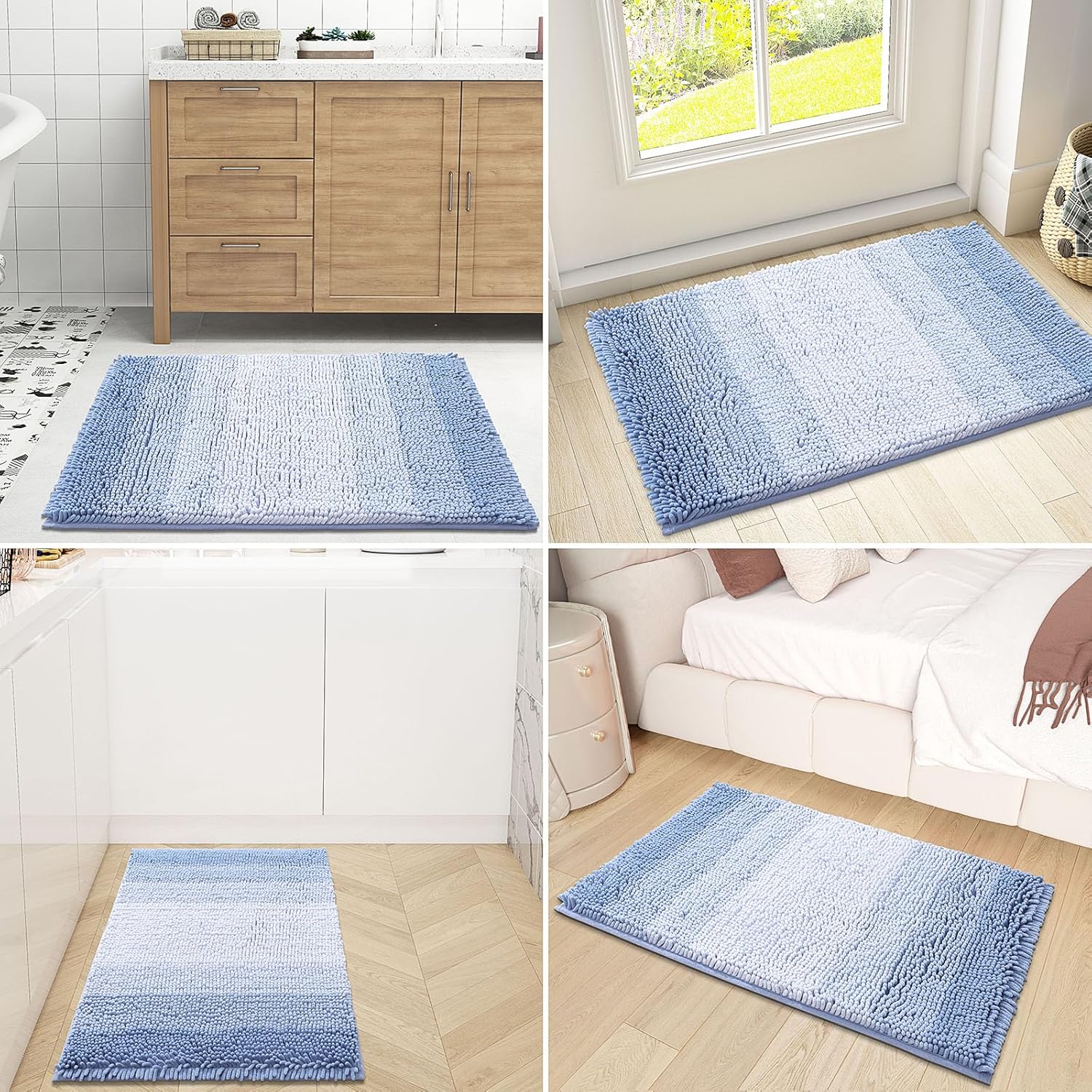 OLANLY Bathroom Rug - Extra Soft Chenille Shaggy Mat | Non-Slip, Absorbent Bath Mat (24 x 16 Inch, Blue)