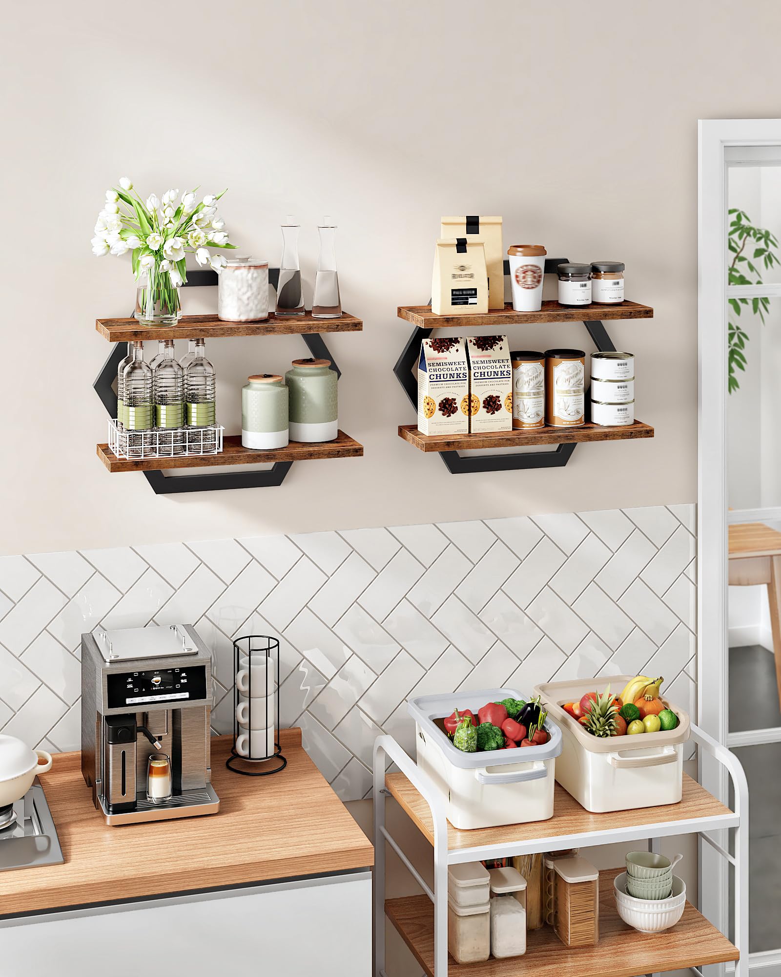 CHOEZON Hexagon Floating Shelves for Wall, Set of 2, 2 -Tier Hanging Shelves, Wall Mounted Storage Shelves, for Living Room, Bedroom, Kitchen, Home Office, Study, Rustic Brown and Black TBJ06P2BF