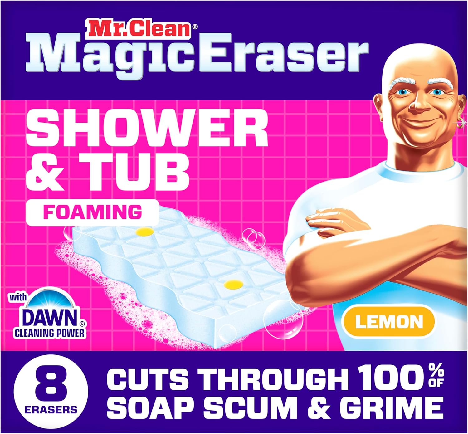Mr. Clean Magic Eraser Sponge - Powerful Soap Scum Remover for Bathroom & Shower | 8 Count with Lemon Scent