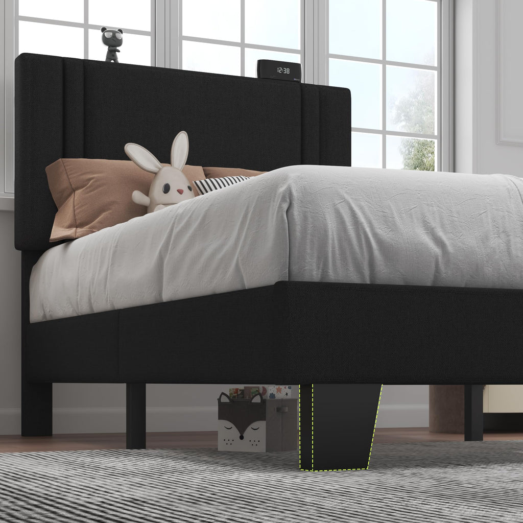 Feonase Twin Platform Bed Frame, Fabric Upholstered Twin Bed Frame, Solid Wood Slats & Heavy Duty Feet Support, No Box Spring Needed, Noise-Free, Easy Assembly, Black