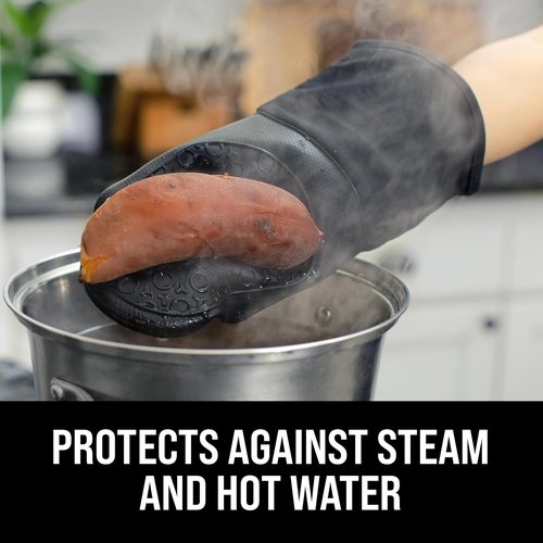 BPA-Free Silicone Oven Mitts Ultra Heat Resistant up to 500°F - Oven Mitts with Thick Cotton Liner - Long Slip Resistant Pot Holders, Flexible Oven Gloves - Black 13.7"