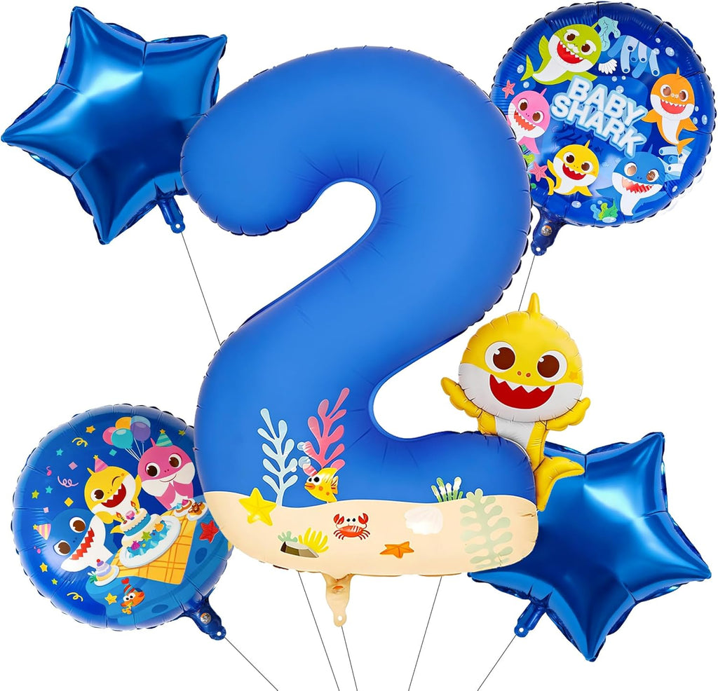 PartyWoo Baby Shark Blue Foil Number 2 Balloon - 5pcs 18-Inch Round Mylar Helium Balloons for Kids' Birthday Party Decorations