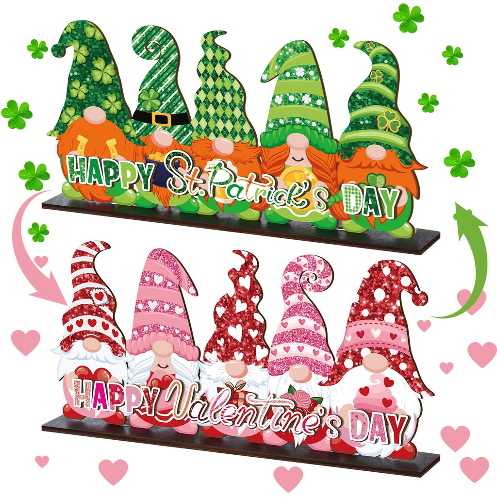 Valentine's Day and St. Patrick's Day Reversible Gnome Wood Signs Double Sided Valentines St. Patrick's Theme Wooden Standing Blocks Decoration Gnome Table Centerpiece for Home(Classic)