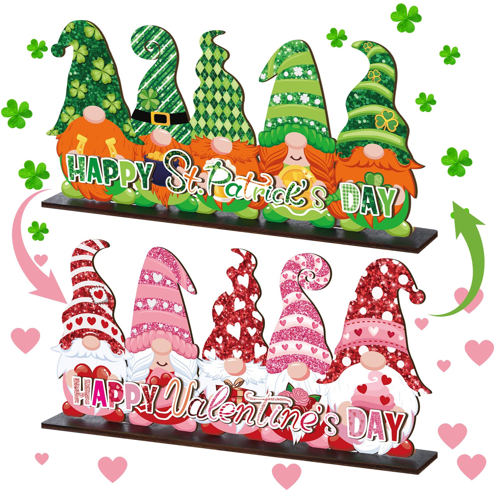 Valentine's Day and St. Patrick's Day Reversible Gnome Wood Signs Double Sided Valentines St. Patrick's Theme Wooden Standing Blocks Decoration Gnome Table Centerpiece for Home(Classic)