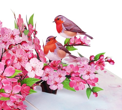 PQ Bees Robins Couple w Cherry Blossom Pop Up Anniversary Cards, 6x8in Wedding Anniversary Card, Valentines Day Card, 3D Gift Card for Her, Him, Husband, Wife (Cherry Blossom Robins Couple)