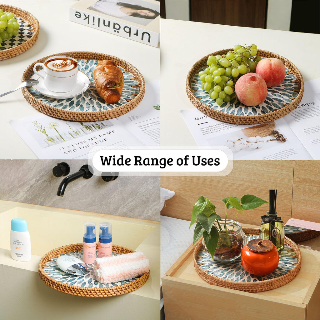 Aayoruro Round Rattan Tray with Mother of Pearl Inlay, Decorative Wicker Serving Tray with Wooden Base, Woven Basket Trays for Bread Fruits Coffee, Light Blue