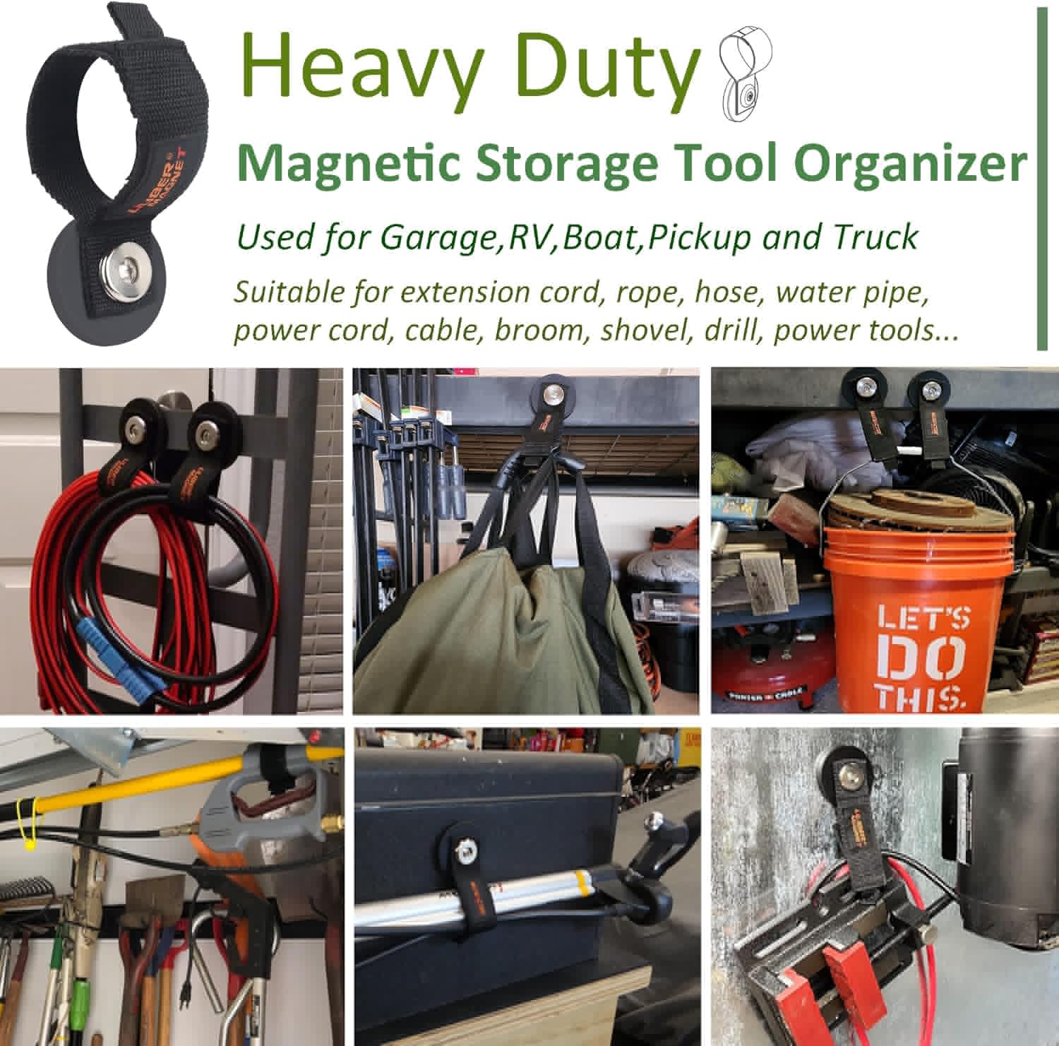 ULIBERMAGNET Strong Magnetic Storage Straps - Heavy Duty Organizer for Garage & Workshop | 2 Pack