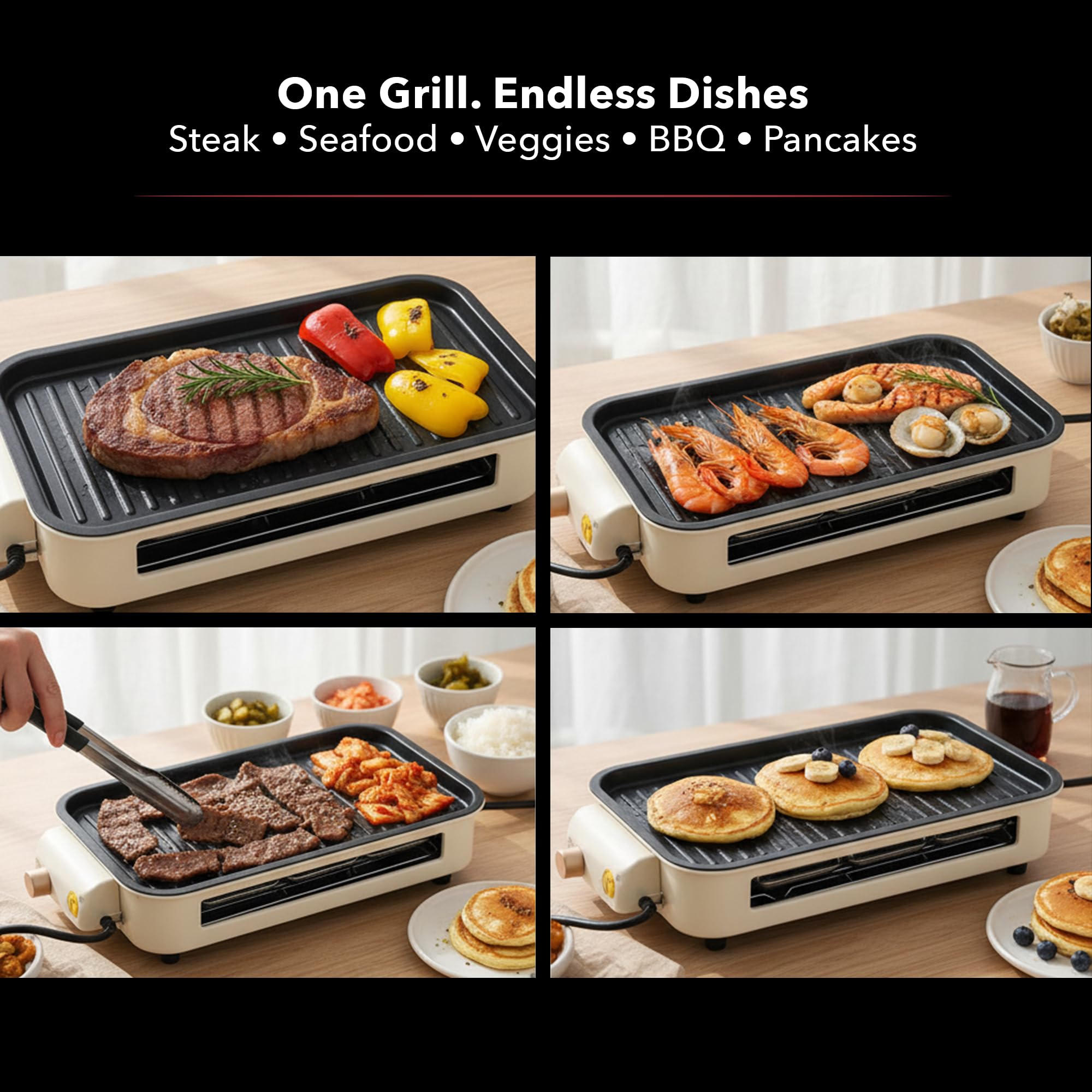 OVENTE 2-in-1 Electric Indoor Grill, 1500W Smokeless Korean BBQ Griddle with Non-Stick Removable Cooking Plate, 3 Raclette Cheese Pans, Adjustable Temperature Control, Dishwasher Safe, Beige BQR1502B