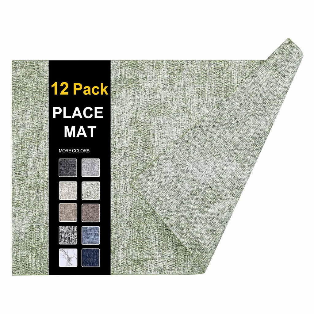 homing Faux Leather Heat Resistant Placemats 12 Packs, Waterproof Wipeable Dining PU Place Mats for Indoor & Outdoor, Easy to Clean, Light Green