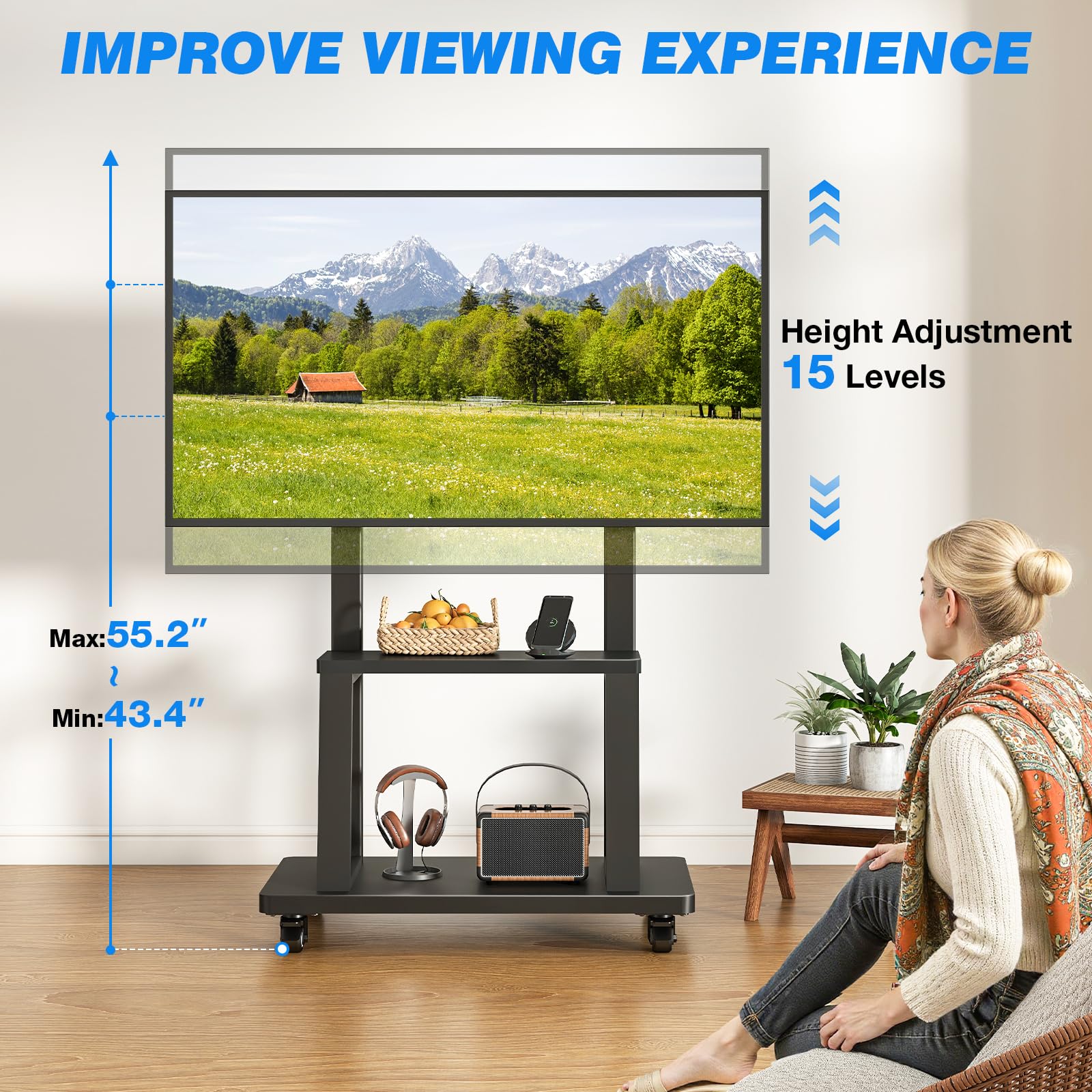 Rfiver Mobile TV Cart Rolling TV Stand for 37-75 inch TVs Up to 150lbs, Heavy-Duty Portable TV Stand on Wheels with 2-Tier Wooden Storage Shelves, Height Adjustable, Max VESA 600x400mm, Black