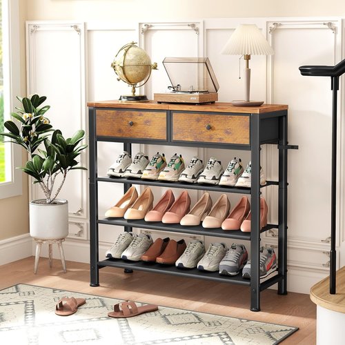 Kitstorack Shoe Rack - 4-Tier Organizer for 9-12 Pairs with 2 Drawers & Rustic Brown Wooden Top