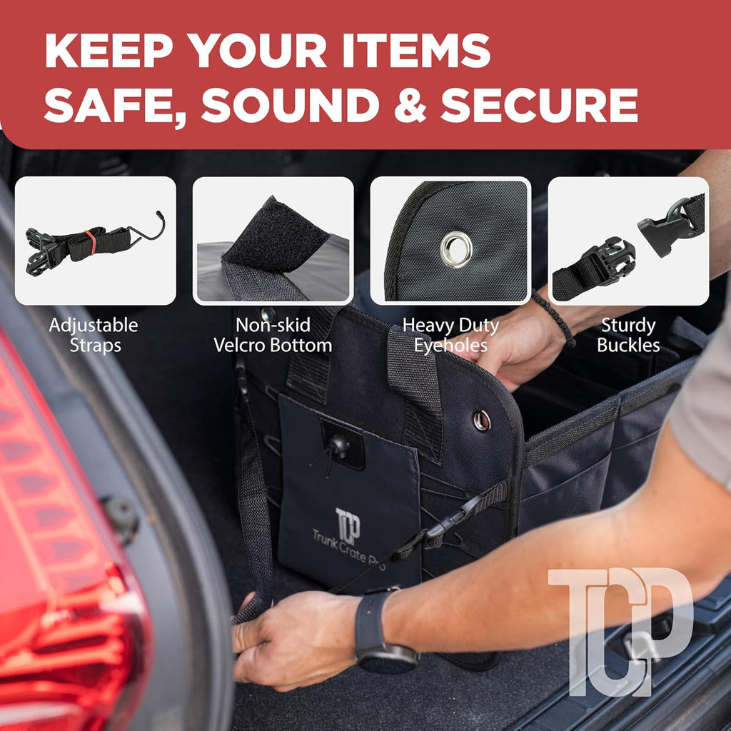 TRUNKCRATEPRO Car Trunk Organizer - Premium Adjustable Multi-Compartment Design | Large Black with Securing Straps & Non-Slip Bottom