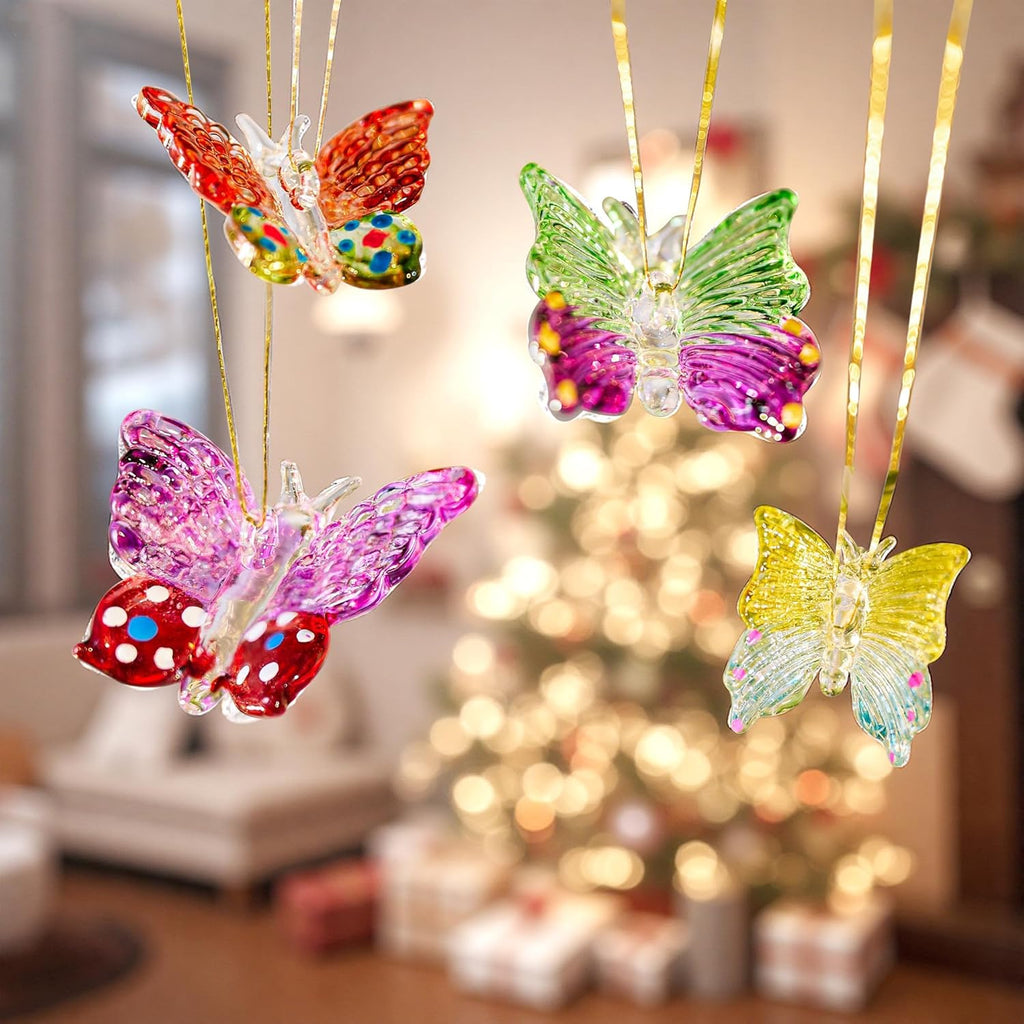 Skiennix 4-Piece Glass Butterfly Ornament Set - 1.7-Inch Crystal Hanging Decor for Home Windows