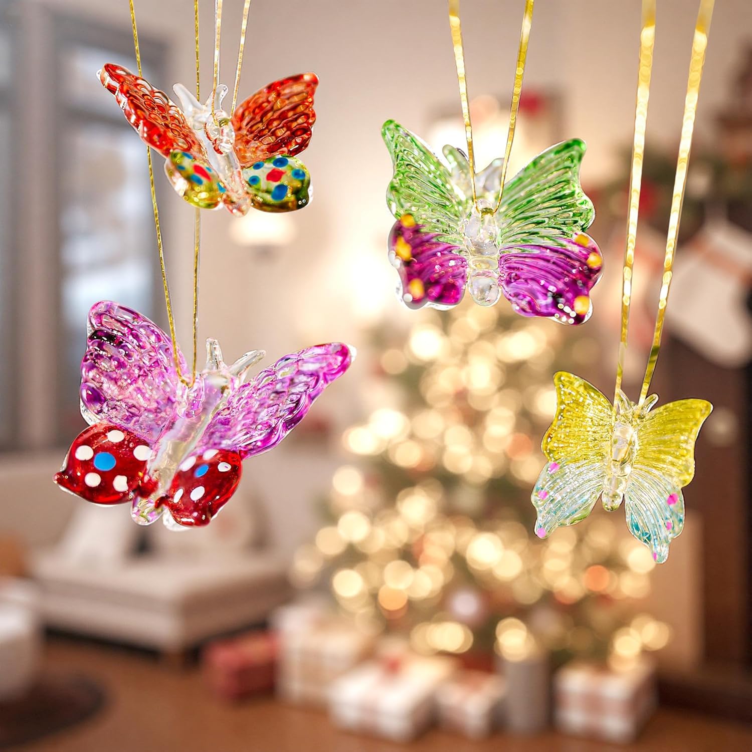 Skiennix 4-Piece Glass Butterfly Ornament Set - 1.7-Inch Crystal Hanging Decor for Home Windows