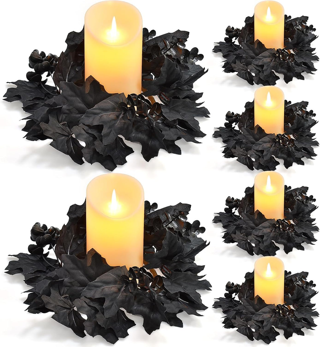 Skiennix 6Pcs Black Candle Rings - Halloween Maple Leaf Wreaths for Fall Table Centerpieces