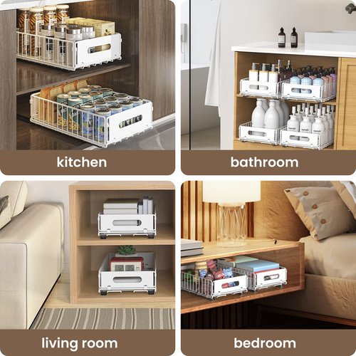 NECHEGI Pull Out Cabinet Organizer, 4 Pack Heavy Duty Slide Out Drawers Pantry Shelves Fixed With Strong Adhesive Glue and Handle for Kitchen, Living Room, Bathroom, Home (14.8" D X 9.6" W X 3.9" H)