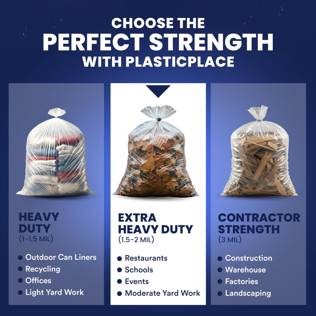 Plasticplace Heavy Duty 55-60 Gallon Trash Bags – Clear Garbage Can Liners (38” x 58”) – Durable Multiuse, Puncture-Resistant, 50 Count – Ideal for Kitchens, Warehouses and Recycling Trashbags 1.5 Mil