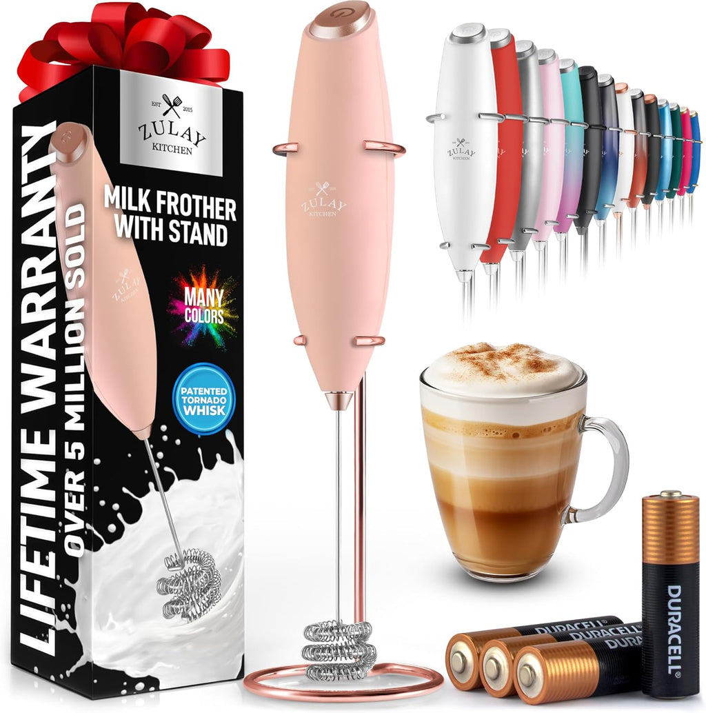 Zulay Kitchen Tornado Triple Whisk Milk Frother - Handheld Foam Maker for Coffee & Lattes - Rose Peach