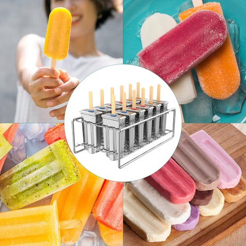 TOCCOOL 12 Pack Stainless Steel Popsicle Molds, Homemade Ice Lolly Molds with Holder, Reusable Round Head Fast Freezing Ice Treat Maker with Wooden Sticks and Bags