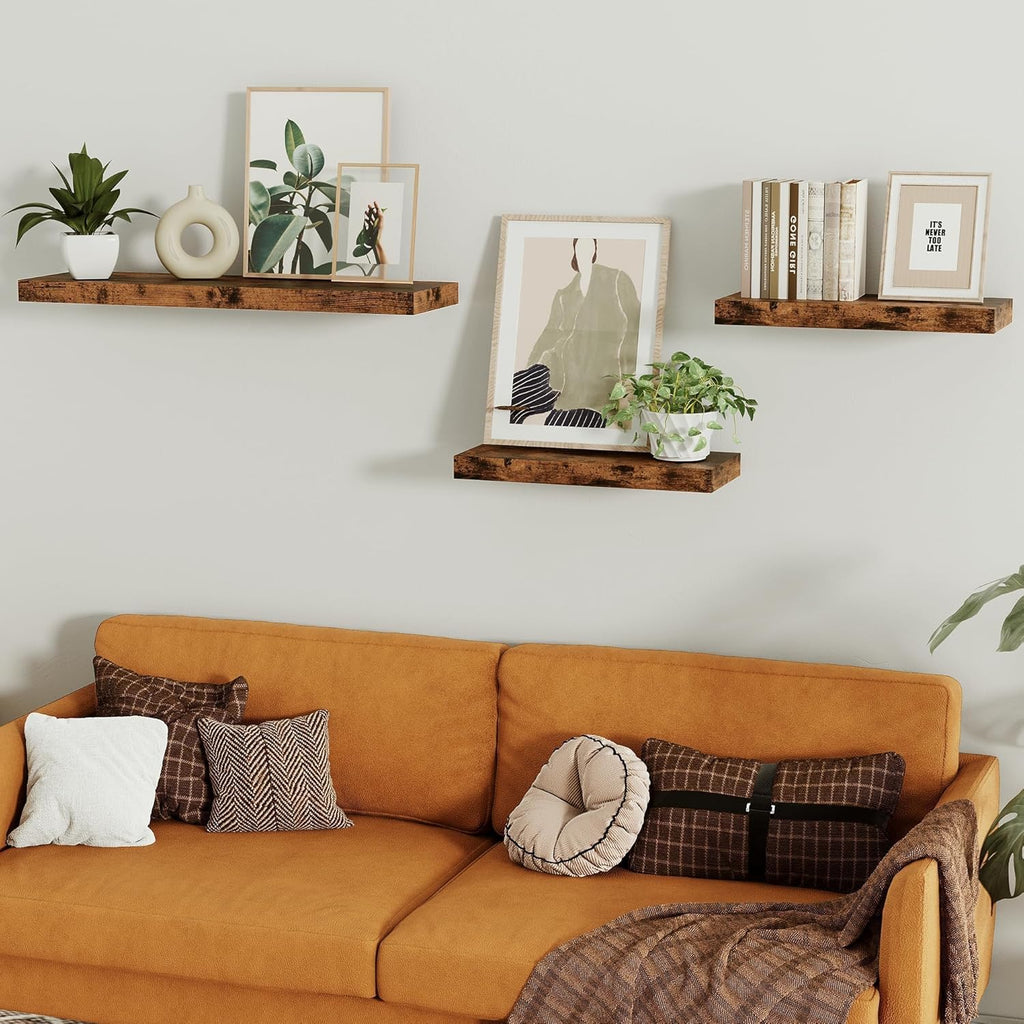 Vivelove Floating Shelves - 16-Inch Rustic Brown Display Shelves with Invisible Brackets | Set of 2 for Home Decor