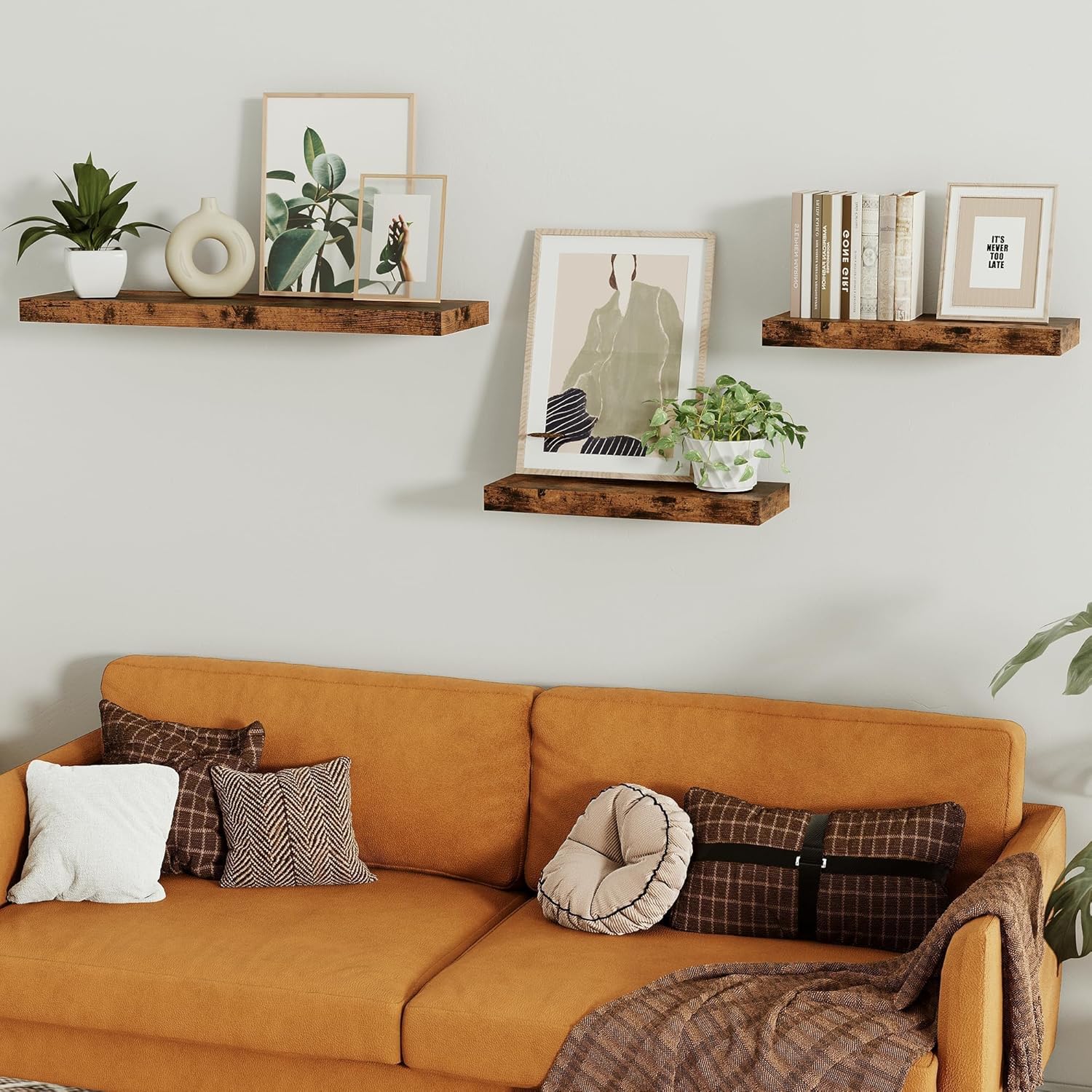 Vivelove Floating Shelves - 16-Inch Rustic Brown Display Shelves with Invisible Brackets | Set of 2 for Home Decor