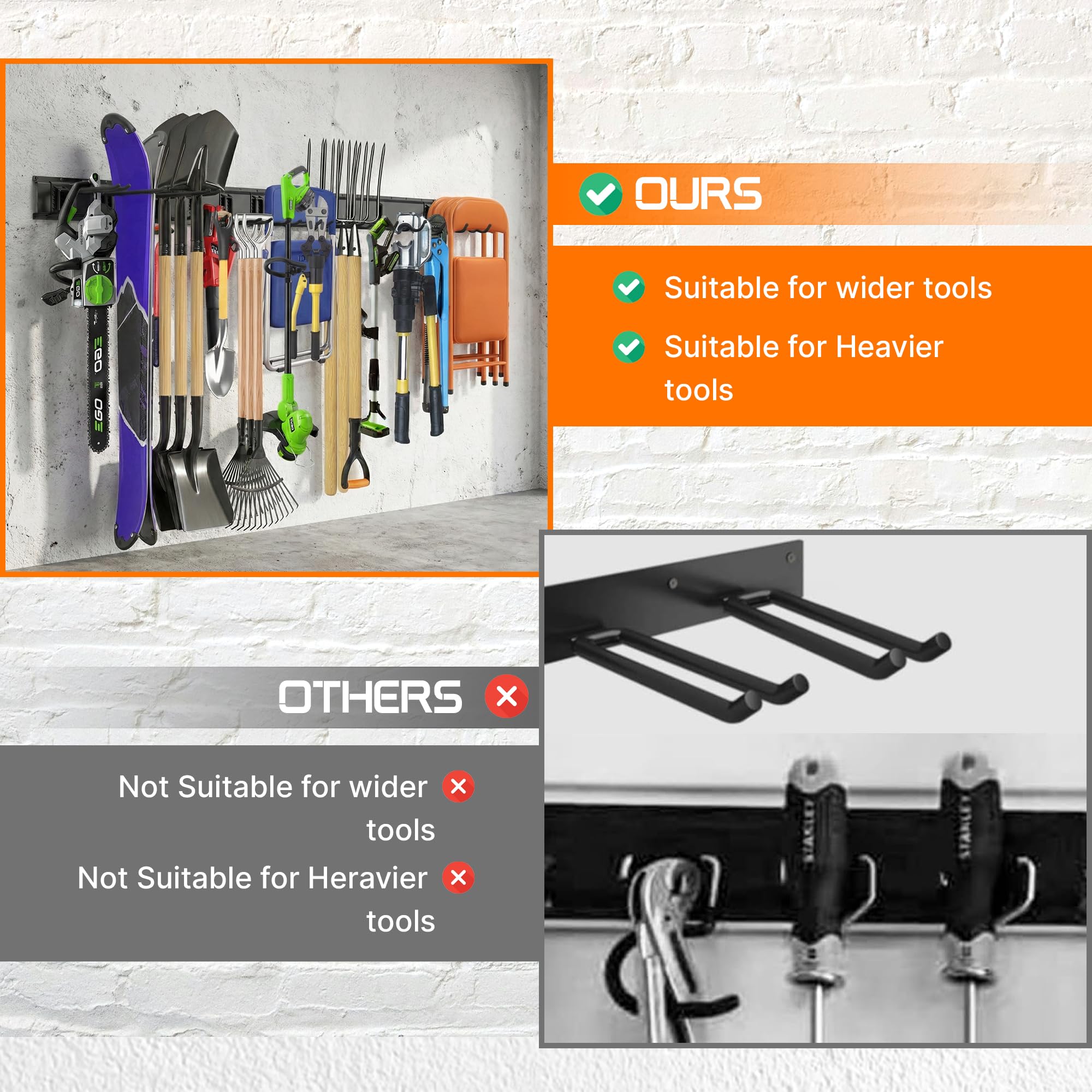 Evalote "48 Garage Tool Organizer Wall Mount - Heavy Duty 520lbs Metal Storage Rack, Easy Install Adjustable Hooks for Garden Tools Brooms