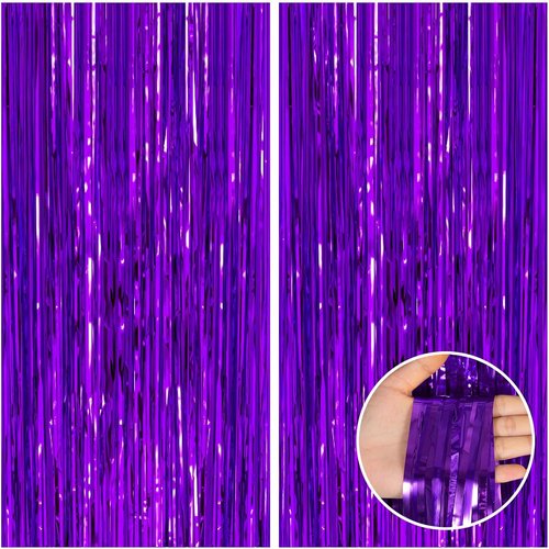 CANREVEL Purple Foil Fringe Backdrop Curtains - 2 Pack Tinsel Streamers for Birthday, Graduation & Disco Parties | 3.3x8.2 Feet