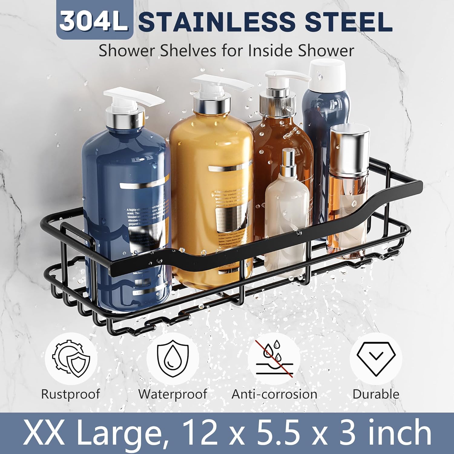 OMAIRA Shower Caddy - 3-Pack Rustproof Organizer with Soap Holder for Smooth Walls | Black, X-Large