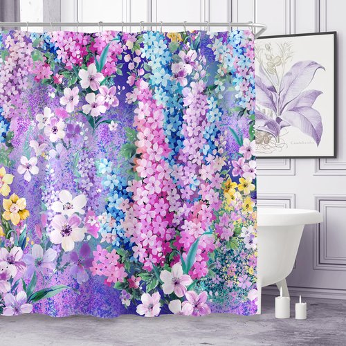 BayNook Purple Floral Shower Curtain, Cute Colorful Flower Fabric Shower Curtains for Bathroom, Pretty Funky Watercolor Cloth Shower Curtain Set Trendy Waterproof Bath Curtain 72x72
