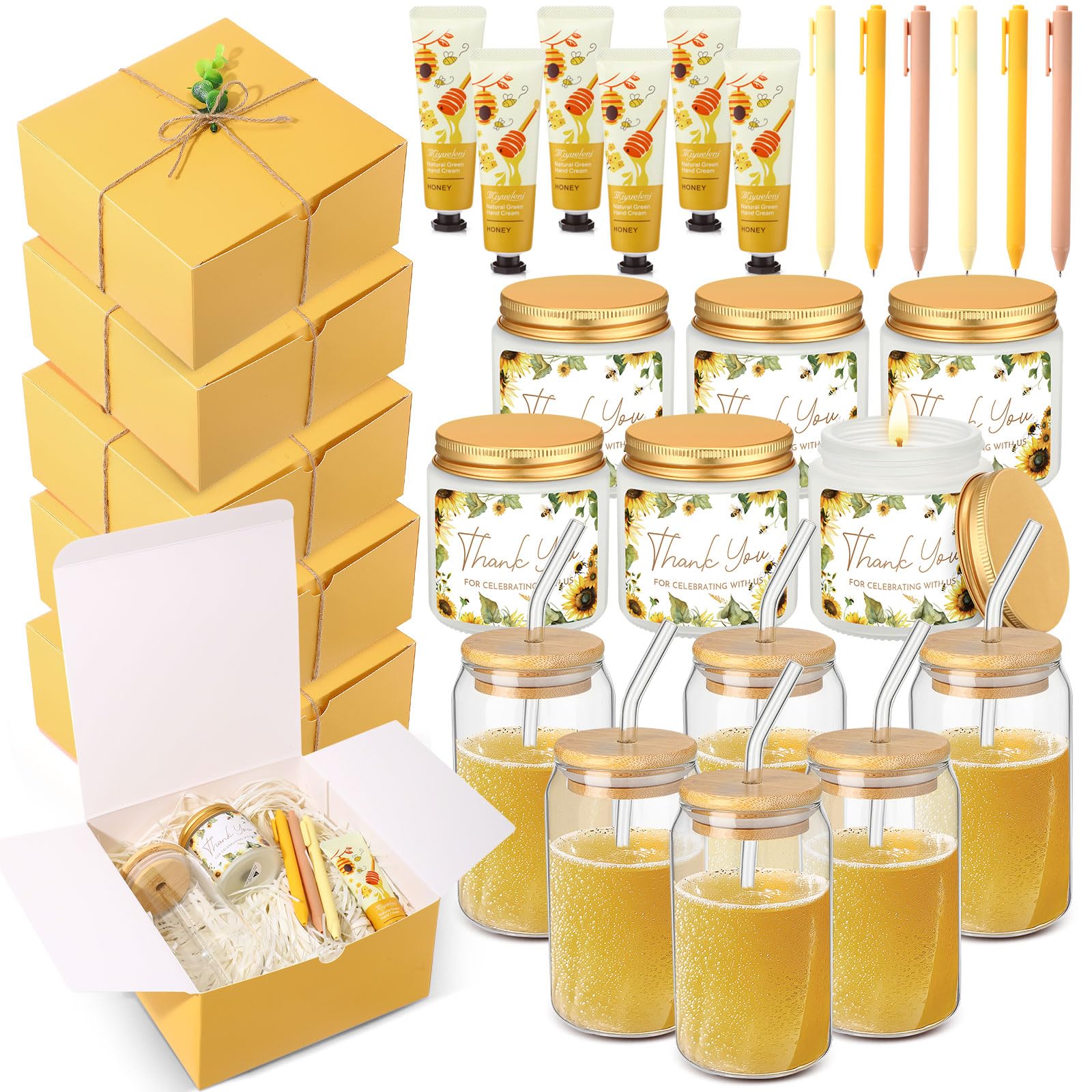 Reallnaive 6 Sets Baby Shower Prizes for Game Winners, Baby Shower Favors Including Glass Cup Scented Candles Hand Cream Pens Gift Box with Raffia for Gender Reveal Wedding Bridal Party Prizes(Yellow)