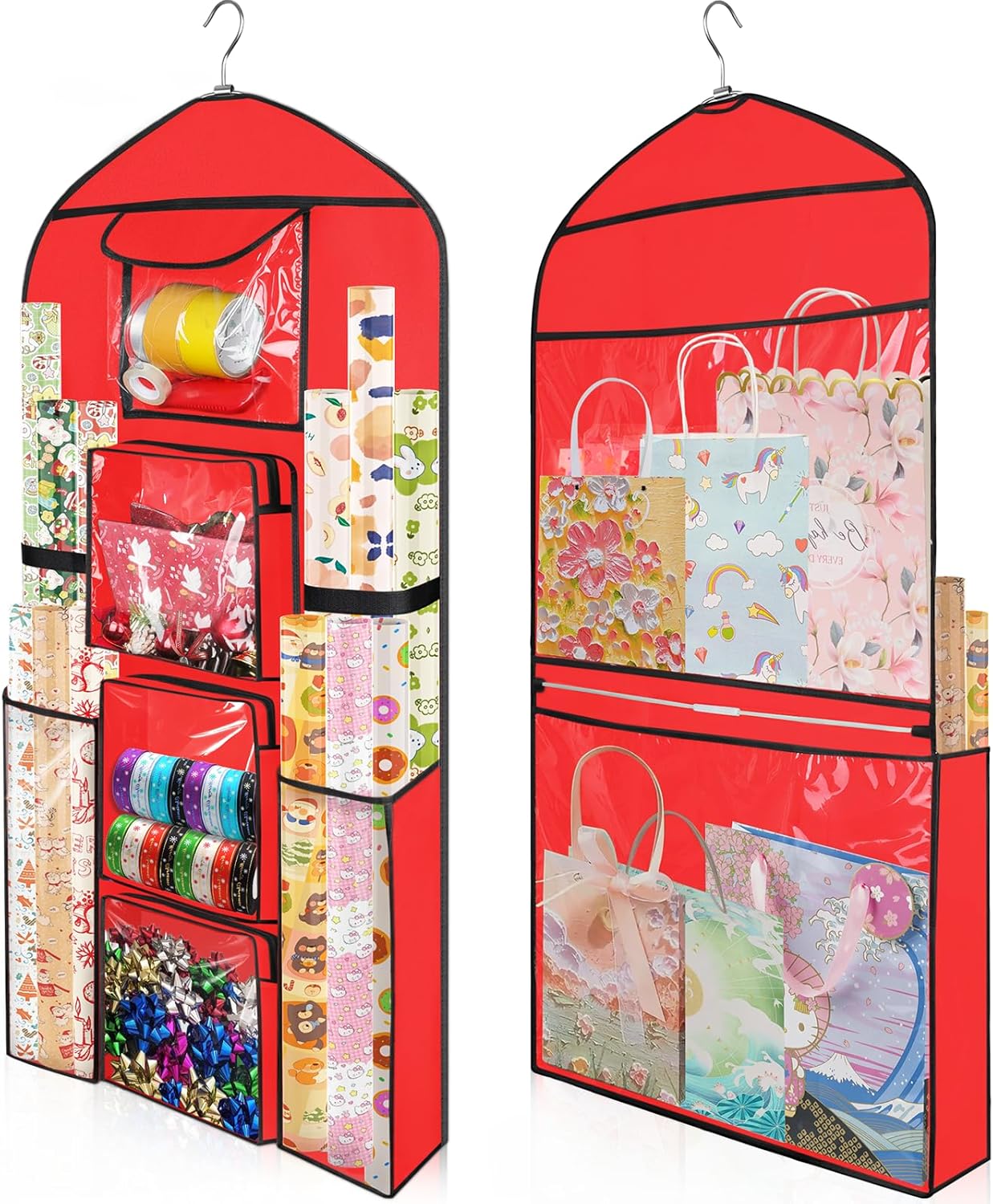 Woodoulogy Extra Large Gift Wrapping Paper Storage - 48x24 Red Double-Sided Christmas Organizer | Oxford Craft Roll Holder