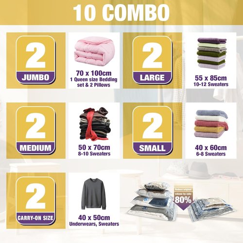 HIBAG Vacuum Storage Bags - 10-Pack Space Saver Bags for Clothing with Pump | 2 Jumbo, 2 Large, 2 Medium, 2 Small