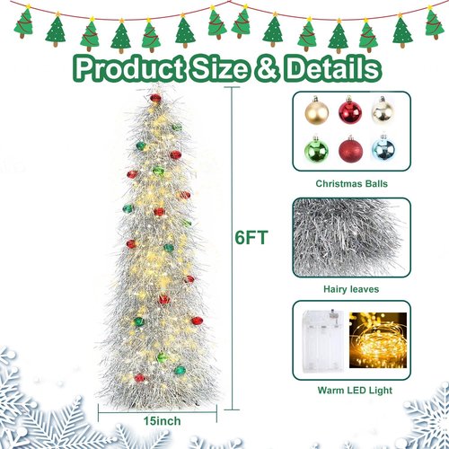 BrilliantJo 6ft Artificial Christmas Tree - Lighted & Ornamented | Collapsible Silver Tinsel Design