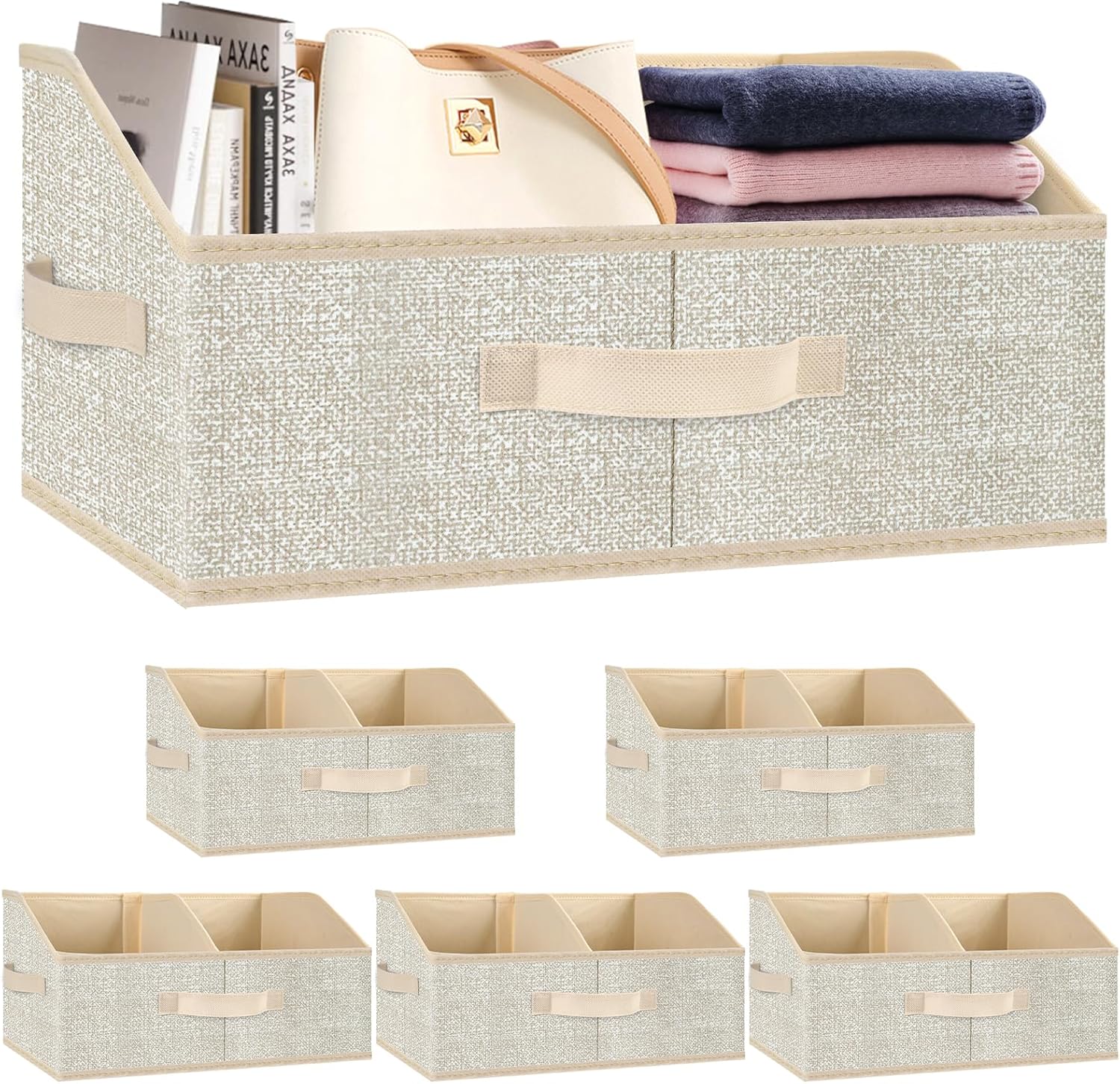 Closet Storage Bins - Large 6-Pack Organizer Baskets with Dividers & Handles | Collapsible Beige Fabric