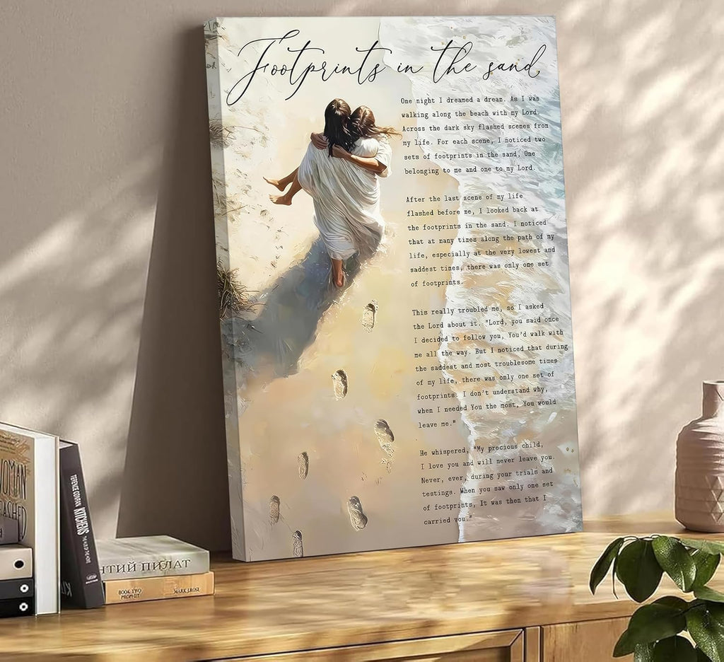 Regine Switzerland Footprints in the Sand Canvas Wall Art - Inspirational Jesus & Woman Beach Scene | 12x16in Framed Decor