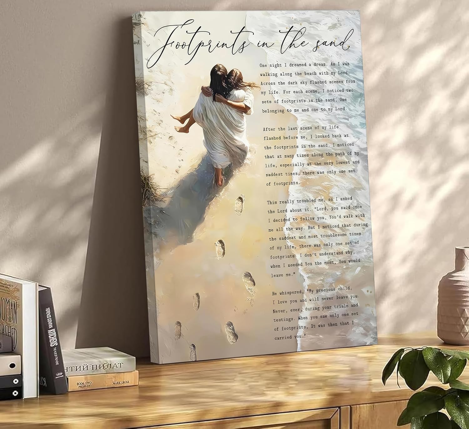Regine Switzerland Footprints in the Sand Canvas Wall Art - Inspirational Jesus & Woman Beach Scene | 12x16in Framed Decor
