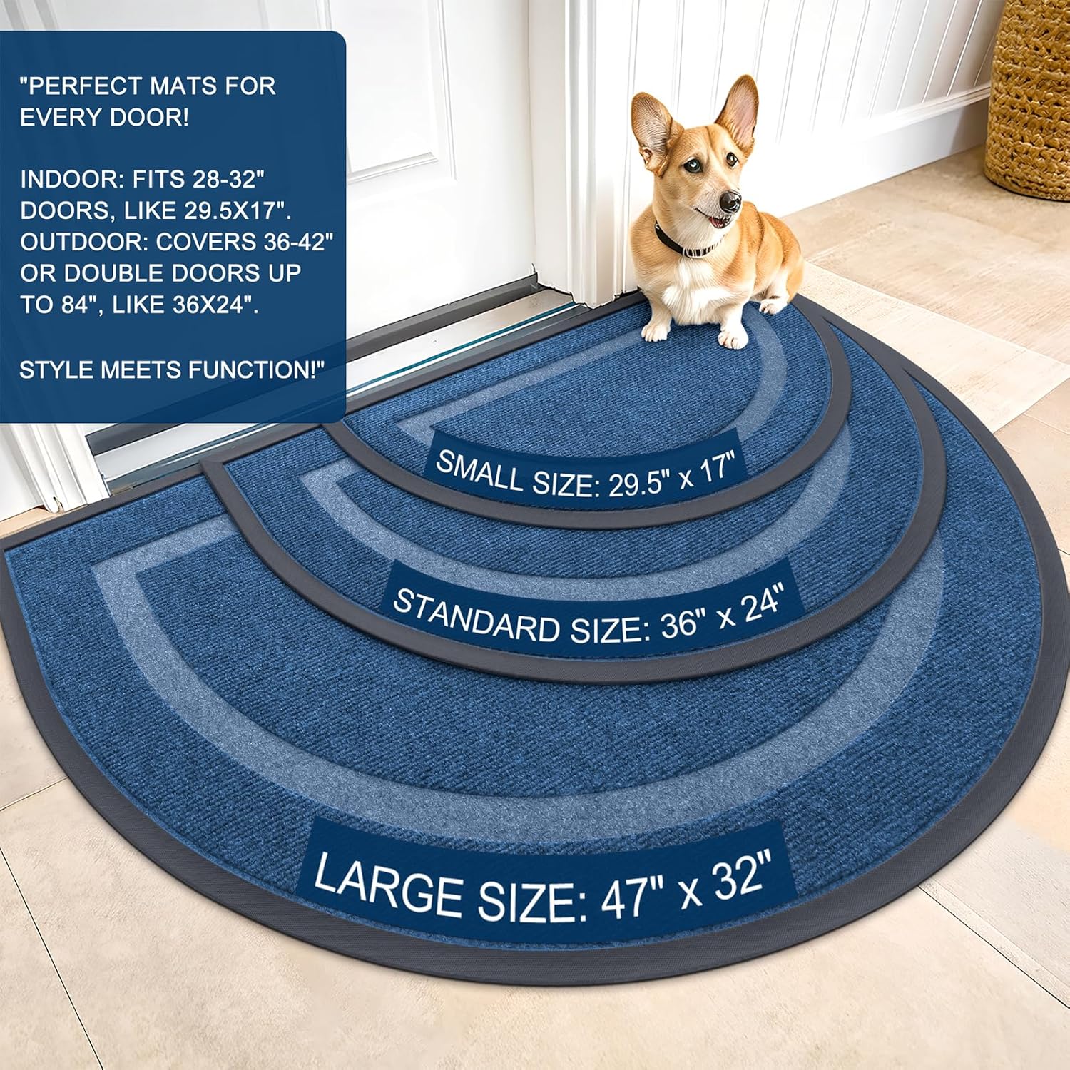 OLANLY Half Circle Door Mat - Waterproof All-Season Doormat for Indoor/Outdoor Use | 29.5x17, Light Blue