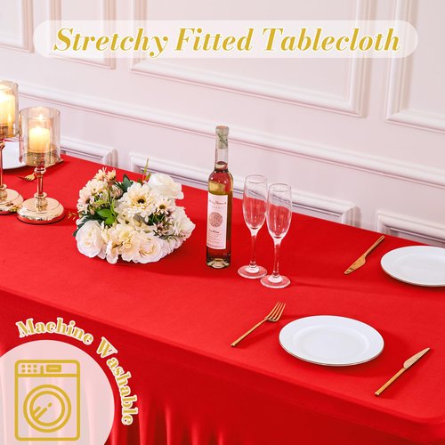 2 Pack Red Table Cloth for 8 Foot Rectangle Tables Spandex Fitted Tablecloth 8ft Stretch Table Covers Skirt Red Banquet Tablecloths Wrinkle Free Tablecloth for Party Wedding Birthday Event