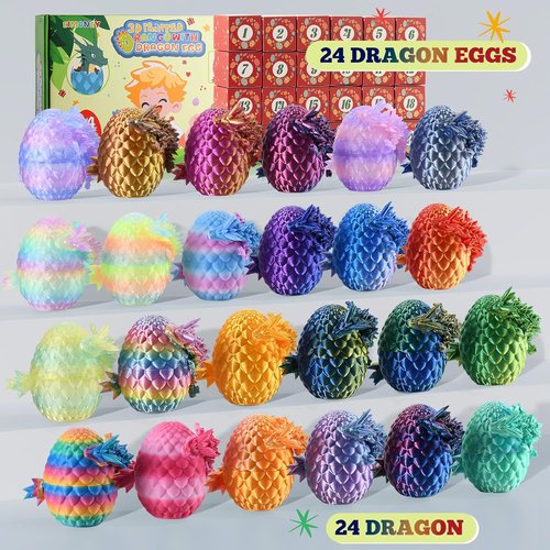 EIMONEY 3D Printed Dragon Egg Advent Calendar - 24PCS Realistic Movable Dragon Toys for All Ages | Multicolor