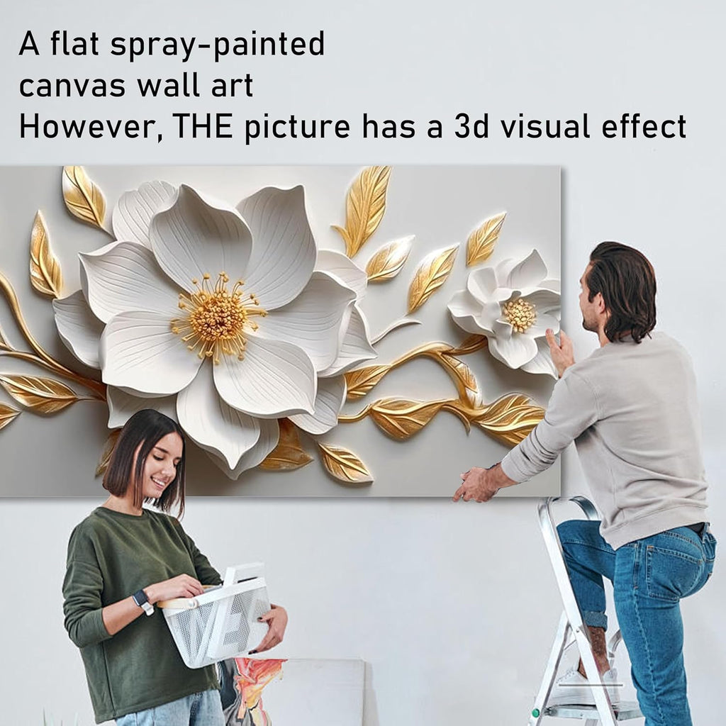 Skiennix Canvas Wall Art - Large White and Gold Floral Artwork for Living Room | 20x40 In Framed Decor
