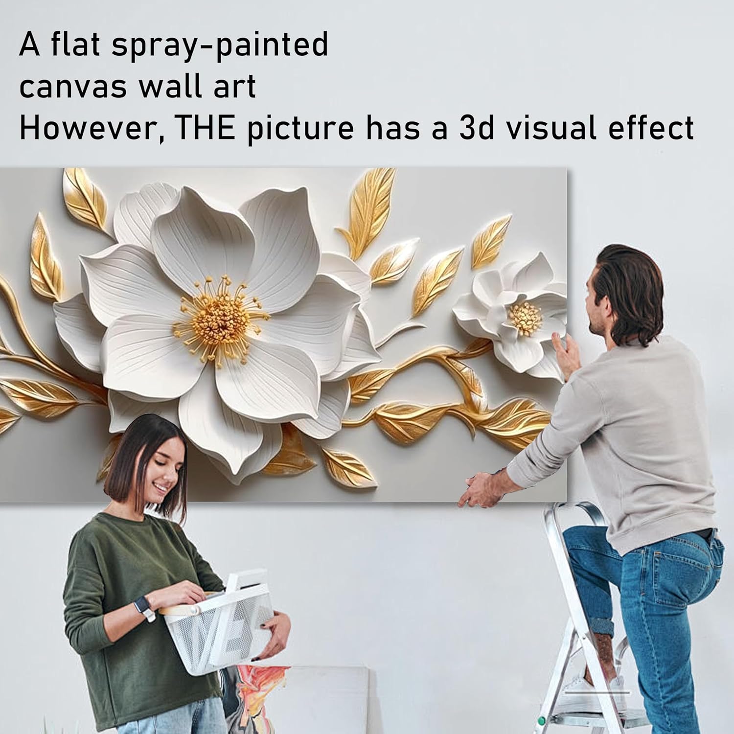 Skiennix Canvas Wall Art - Large White and Gold Floral Artwork for Living Room | 20x40 In Framed Decor