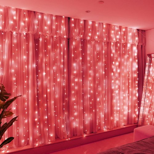 HXWEIYE 300LED Fairy Curtain Lights - 9.8x9.8Ft USB Plug-In with 8 Modes & Remote | Red Indoor Decor