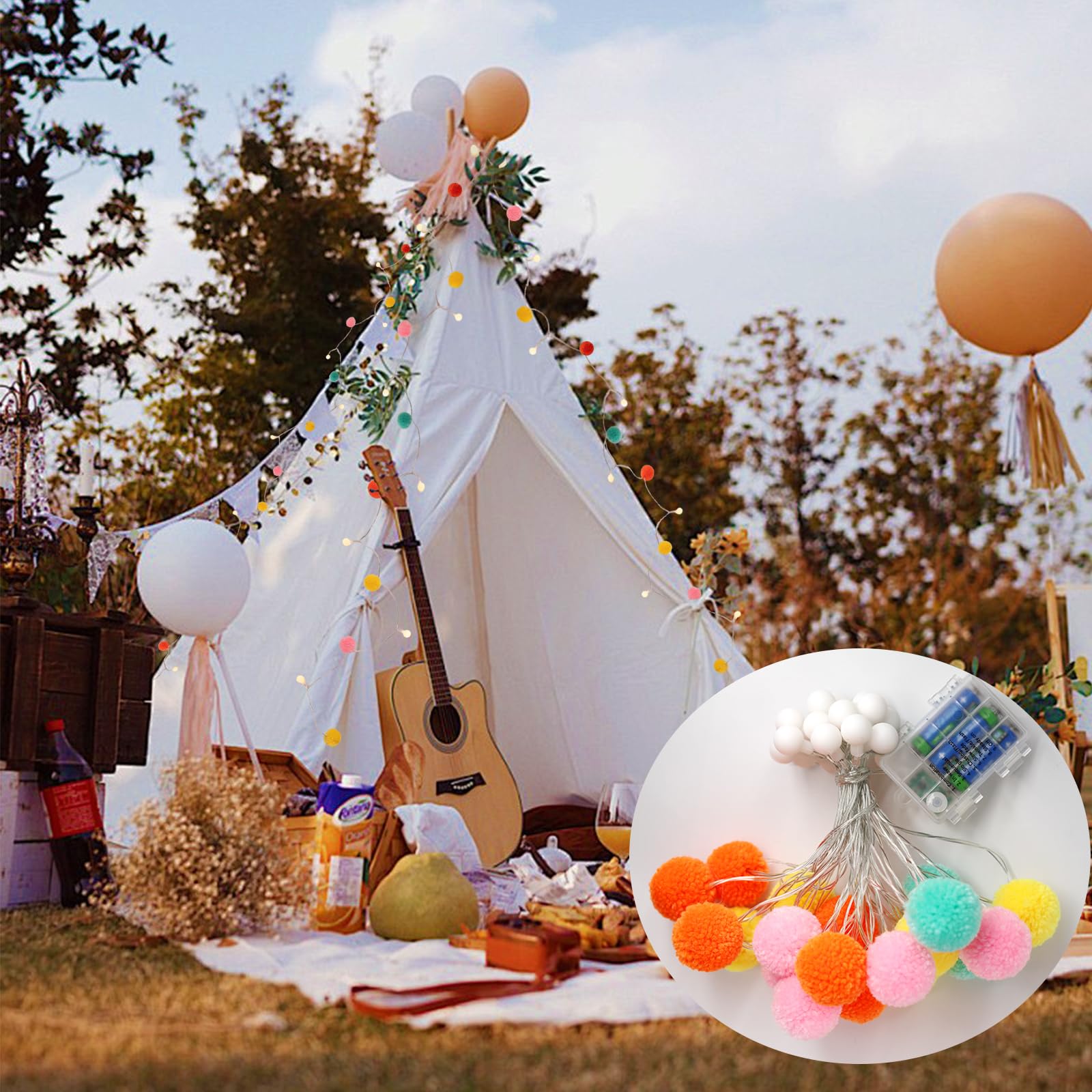 LED Pom Poms Fairy Lights - 21Feet, 20 LED, Battery Operated, Warm White Globe Lights Cute for Home,Kids Playhouse, Holiday, Christmas, Kids Room Party Birthday Wedding Valentines Decorations