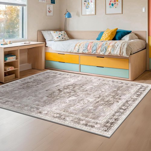 Farmhouse Living Room Rug by [Brand Name] - Washable 6x9 Non-Slip Boho Vintage Design in Beige/Latte