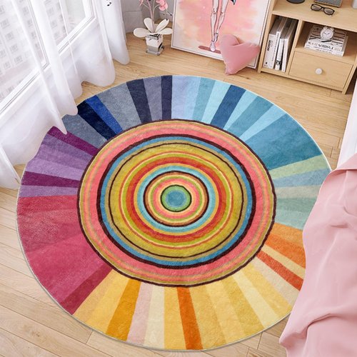 Lacomfy Kids Rug Circle Sun Rug 4Ft Round Modern Abstract Girls Bedroom Carpet Round Rainbow Nursery Mat Playroom Bedside Area Rug for Children Cartoon Crawling Mat for Home Decor